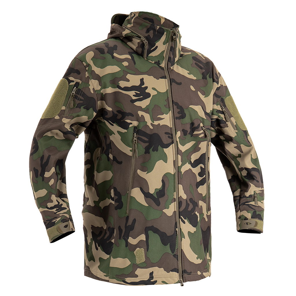 Front view of the custom woodland camo softshell jacket with a stowable hood and multiple zippered pockets.