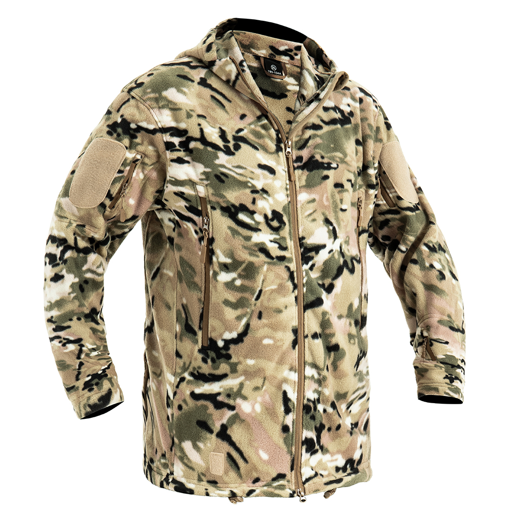 Front view of the custom CP camo fleece tactical jacket with a hood and multiple zippered pockets.