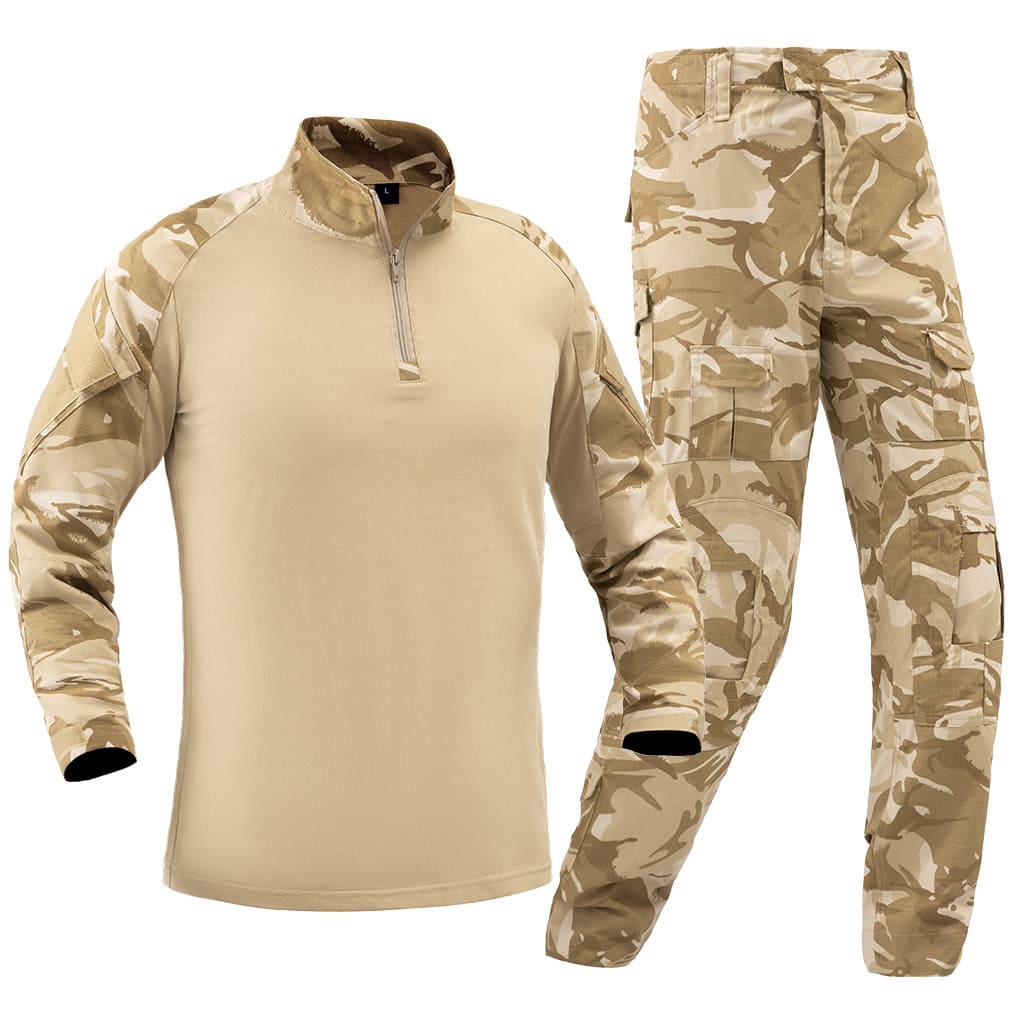 Front view of the complete custom British desert camo G2 combat uniform, featuring the combat shirt and tactical pants.