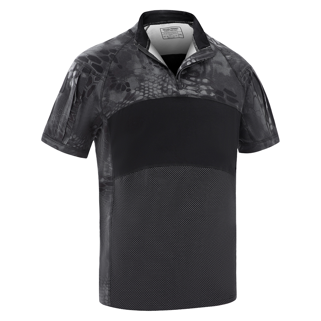 Front view of the custom black python G4 combat shirt with a breathable, multi-panel black torso and camo sleeves.