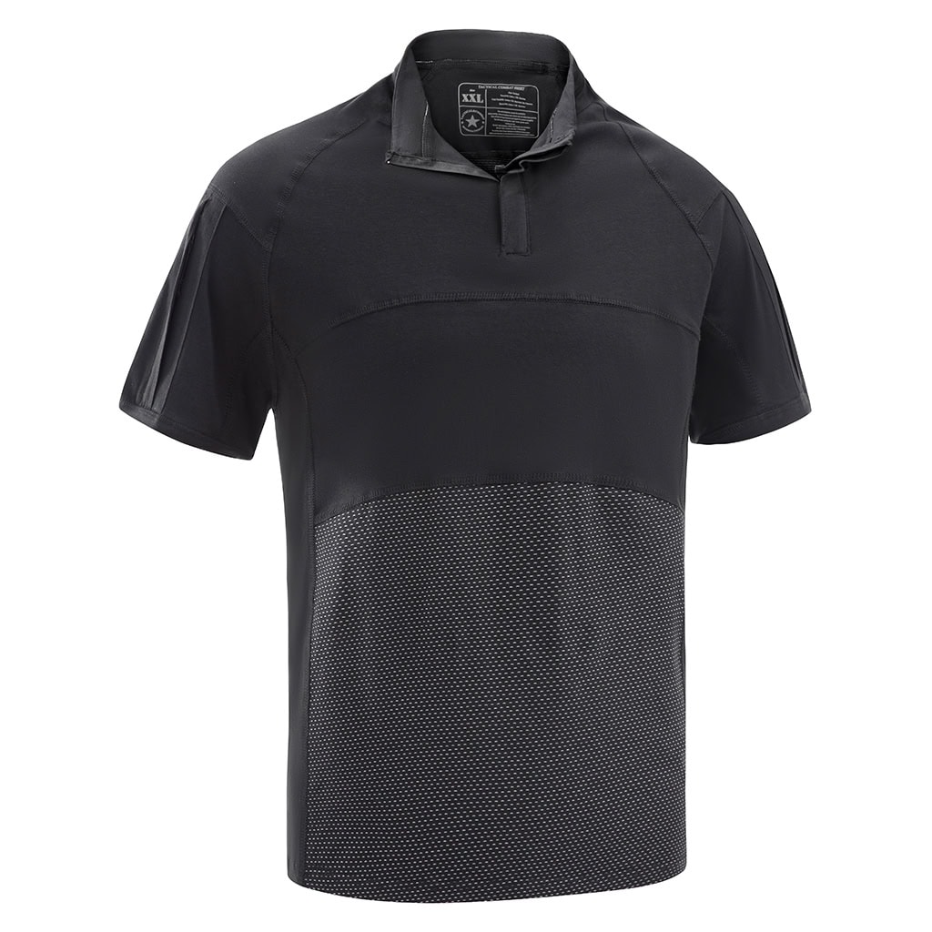 Front view of the custom black G4 short sleeve combat shirt with a breathable, multi-panel torso.