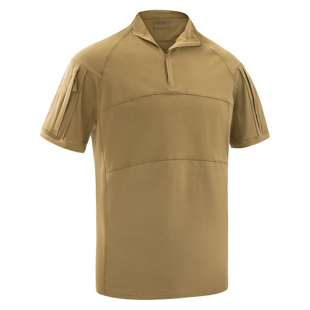 Front view of the custom tan G4 short sleeve combat shirt with a breathable, multi-panel torso and solid tan sleeves.