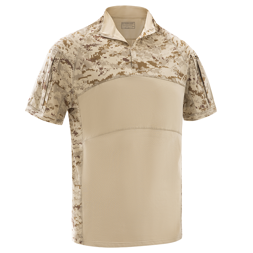 Front view of the custom digital desert G4 short sleeve combat shirt with a breathable, multi-panel tan torso and camo sleeves.