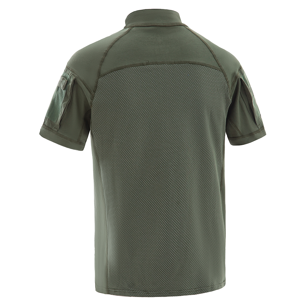 Back view of the custom olive green G4 short sleeve combat shirt, showing the full breathable mesh panel for superior ventilation.