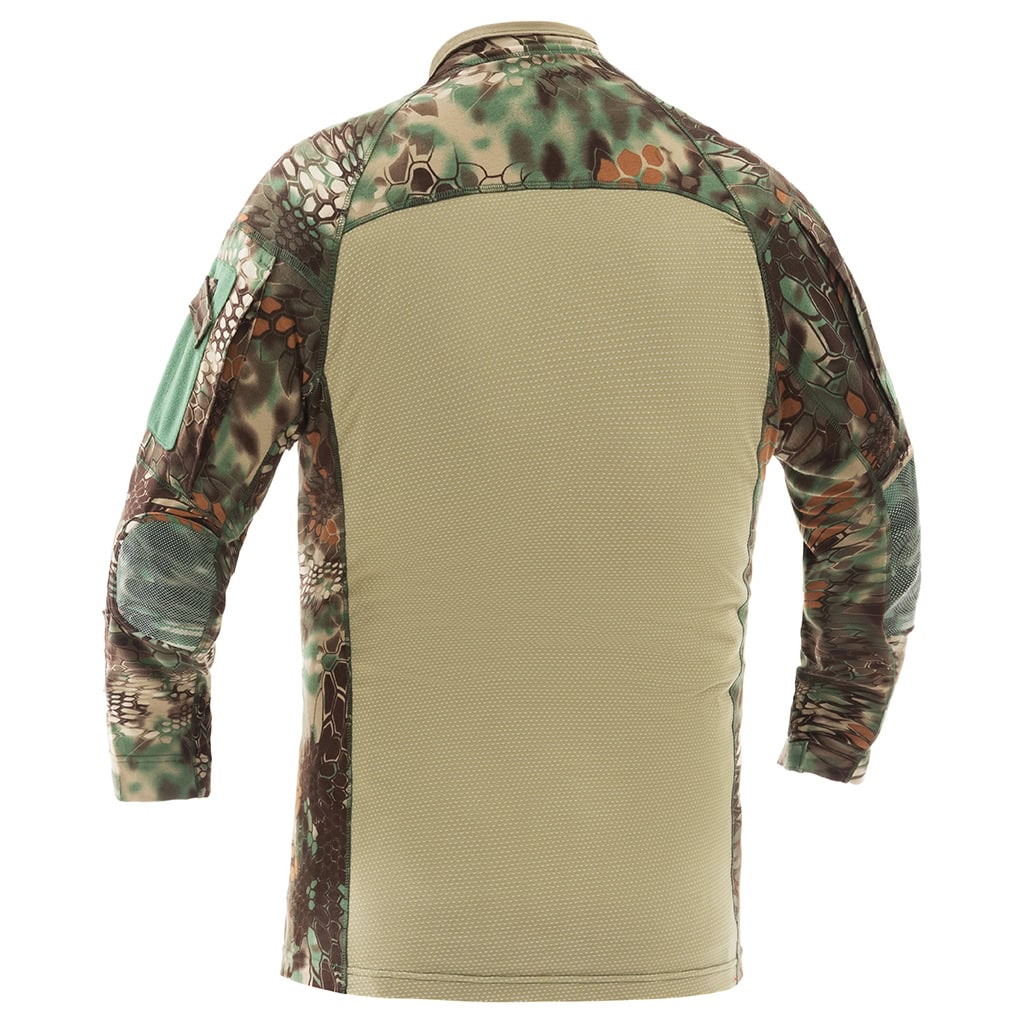 Back view of the custom woodland python G4 long sleeve combat shirt, showing the full breathable mesh panel for superior ventilation.