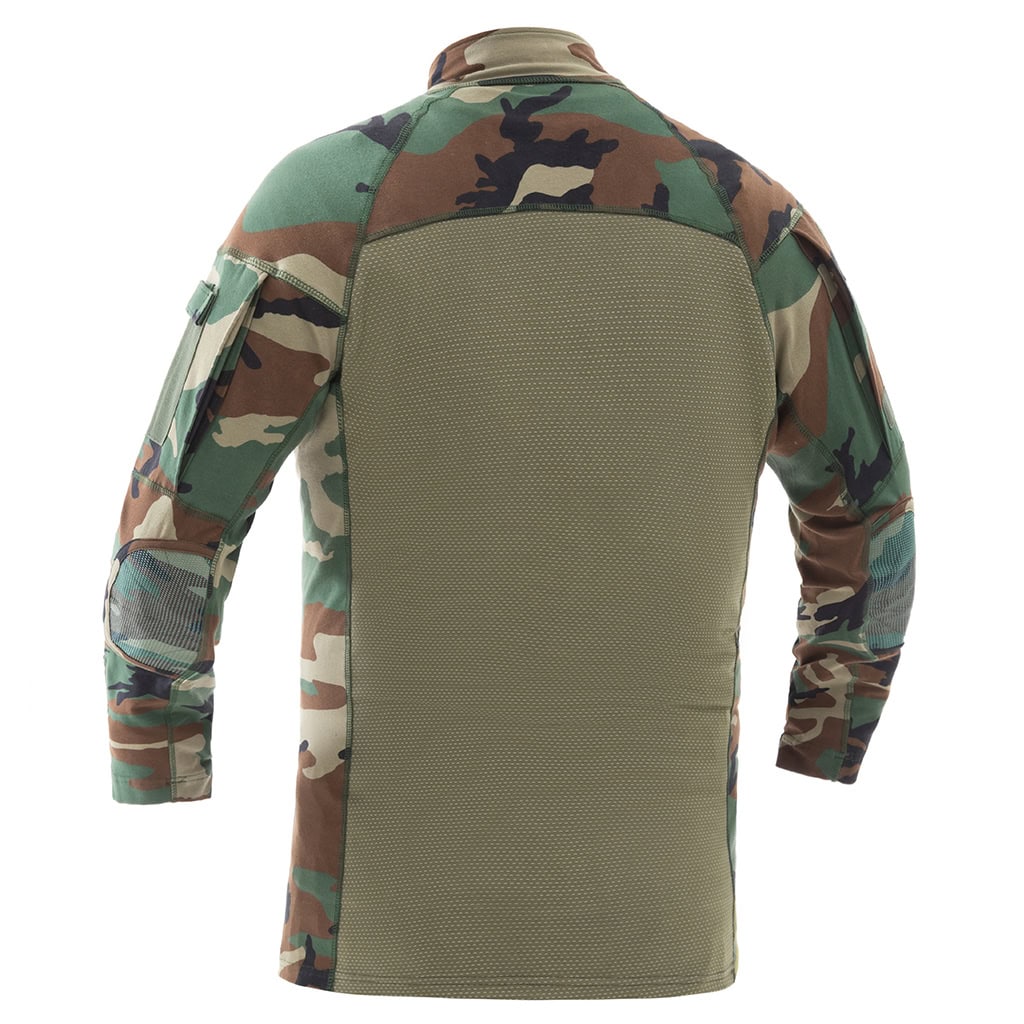 Back view of the custom woodland camo G4 long sleeve combat shirt, showing the full breathable mesh panel for superior ventilation.
