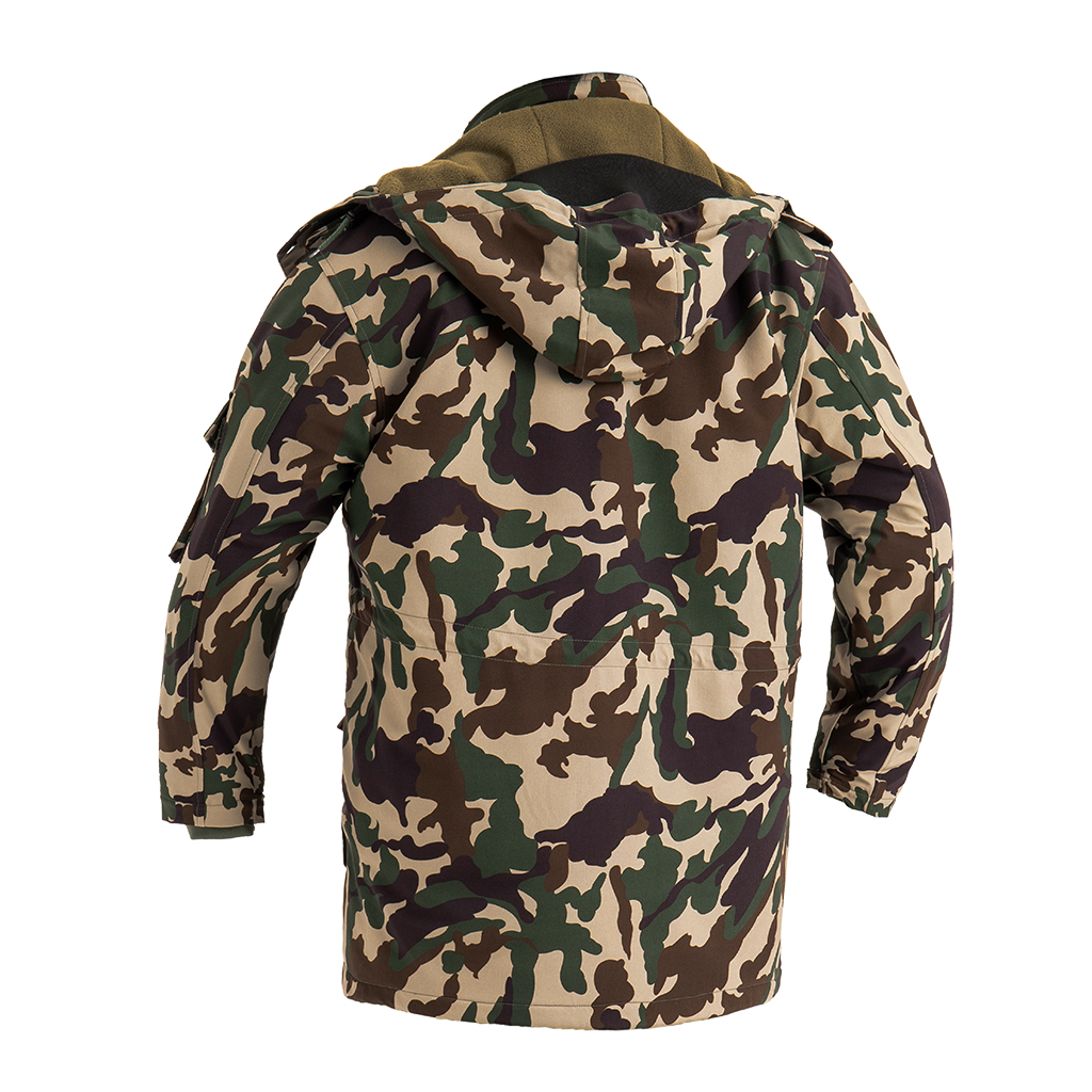 Back view of the custom Nepal camo parka jacket, showing the clean design and detachable hood.