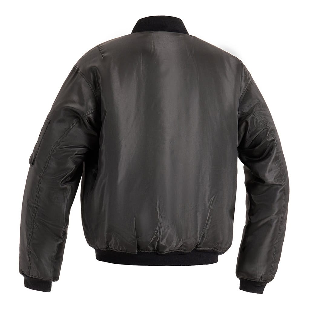 Back view of the custom black MA-1 flight jacket, showing the clean, professional design and rib-knit waistband.