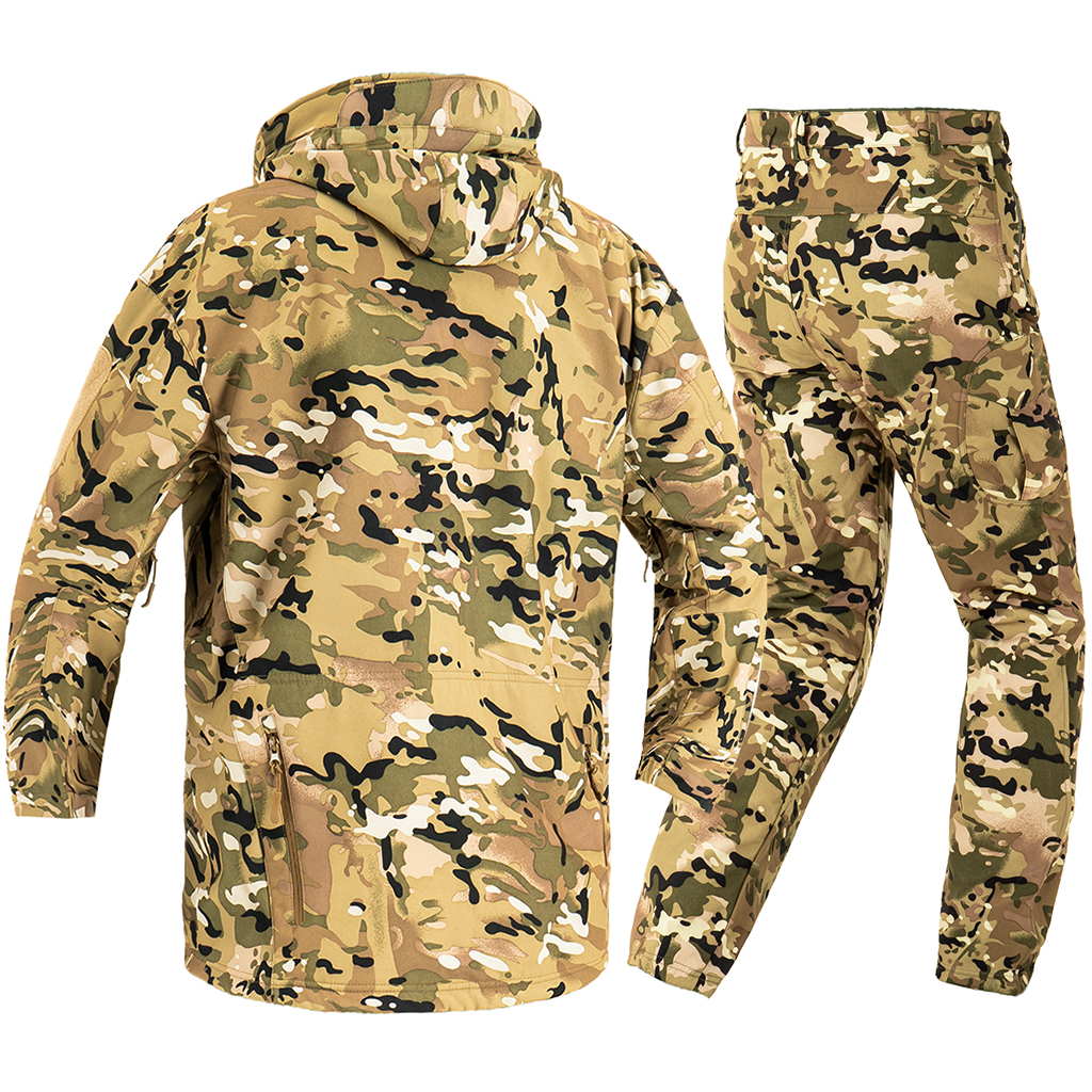 Back view of the custom CP camo softshell tactical uniform, showing the jacket's stowable hood and the trousers' articulated design.