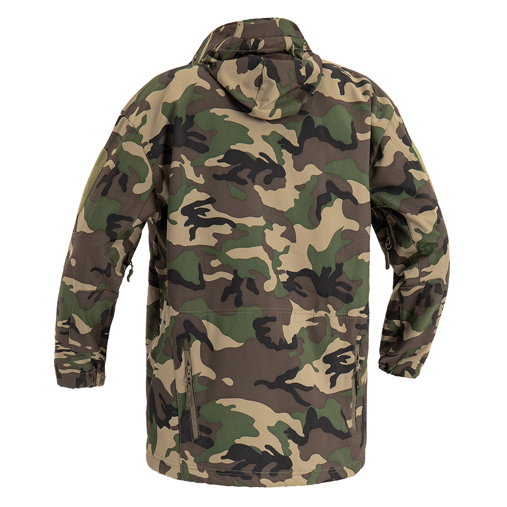 Back view of the custom woodland camo softshell jacket, showing the athletic cut and stowable hood design.