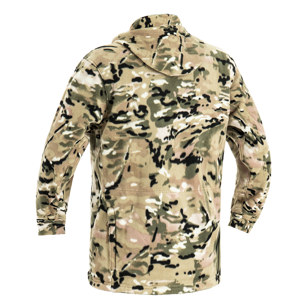Back view of the custom CP camo fleece tactical jacket, showing the athletic cut and hooded design.