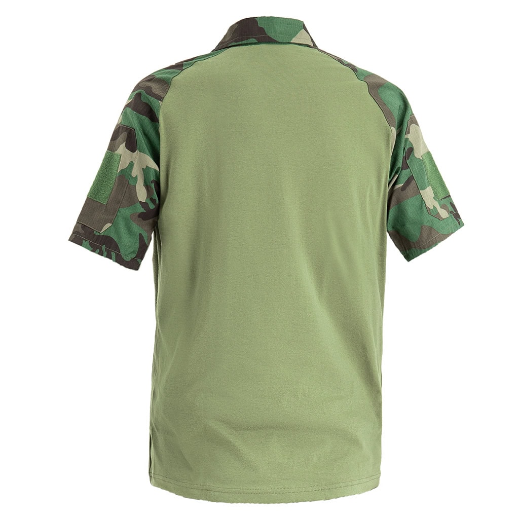 Back view of the custom woodland camo short sleeve combat shirt, showing the breathable olive drab torso and raglan sleeves.