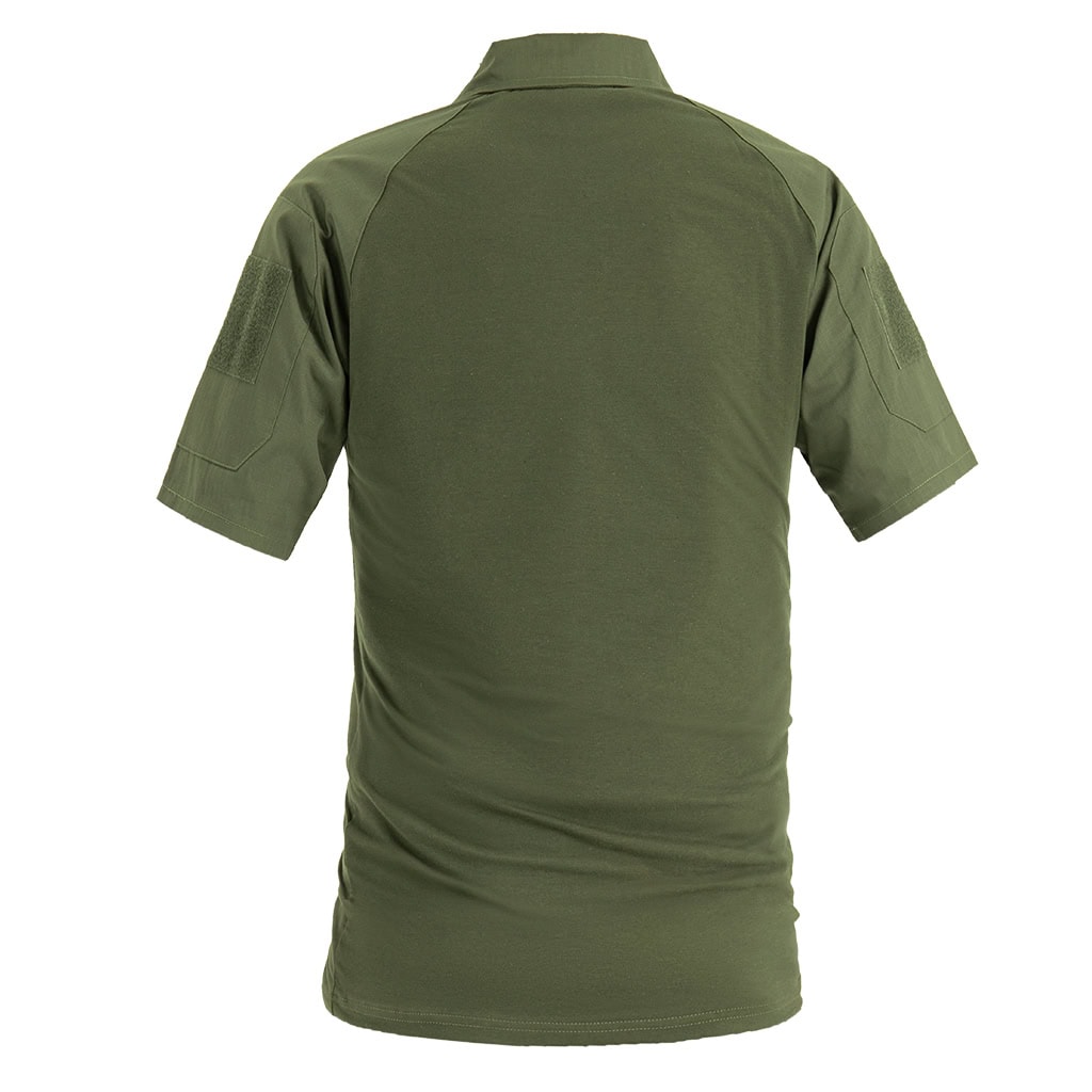 Back view of the custom olive green short sleeve tactical shirt, showing the athletic cut and raglan sleeves.