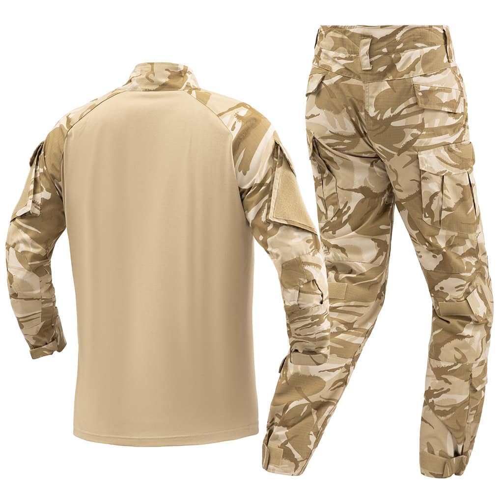 Back view of the custom British desert camo G2 combat uniform, showing the breathable tan torso and camo sleeves.