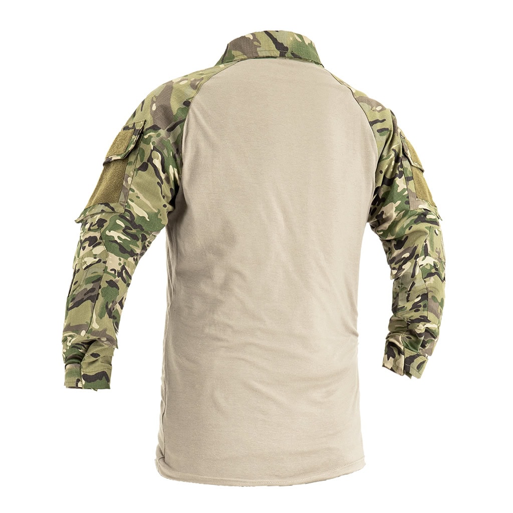 Back view of the custom CP camo long sleeve combat shirt, showcasing the breathable moisture-wicking torso panel.