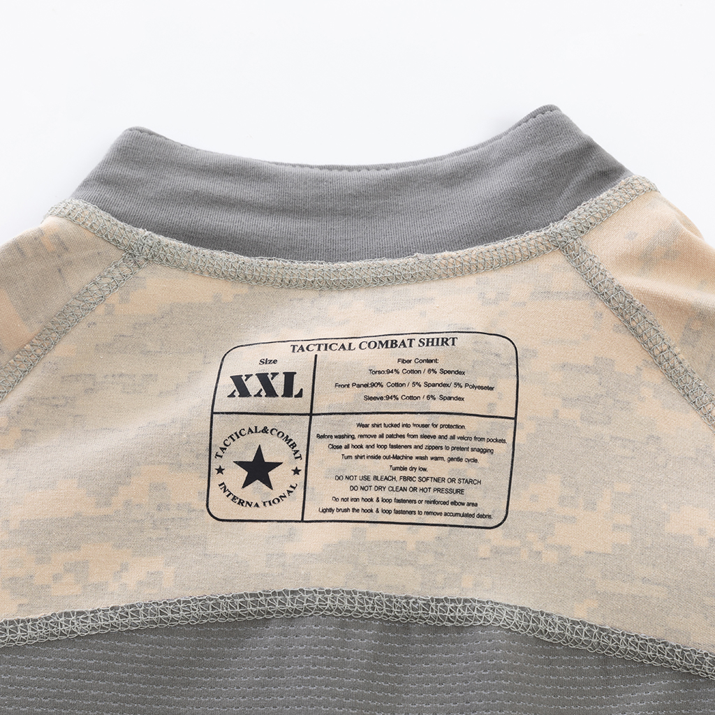 Close-up of the quarter-zip stand-up collar and brand tag on the custom ACU G4 long sleeve combat shirt.