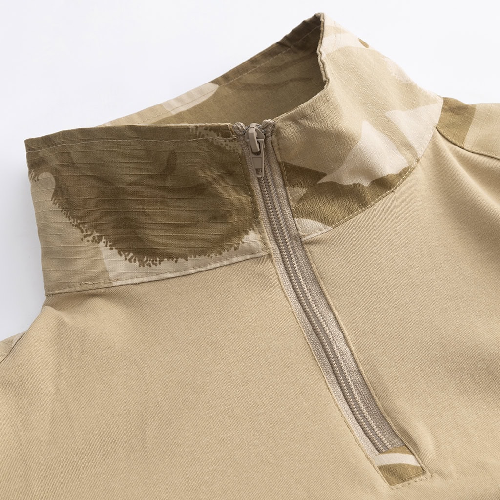 Close-up of the quarter-zip stand-up collar on the custom British desert camo G2 combat shirt.