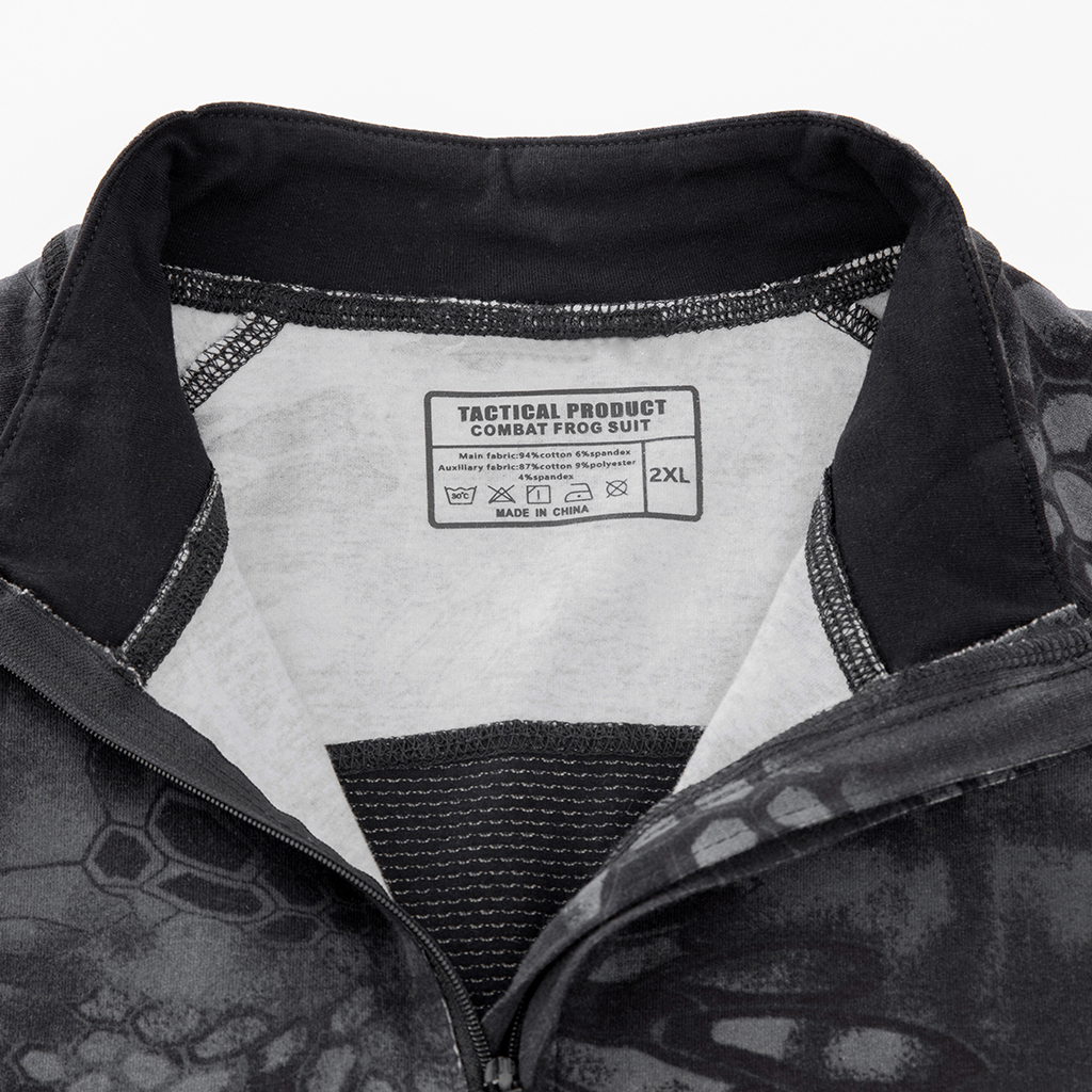 Close-up of the quarter-zip stand-up collar and brand tag on the custom black python G4 combat shirt.
