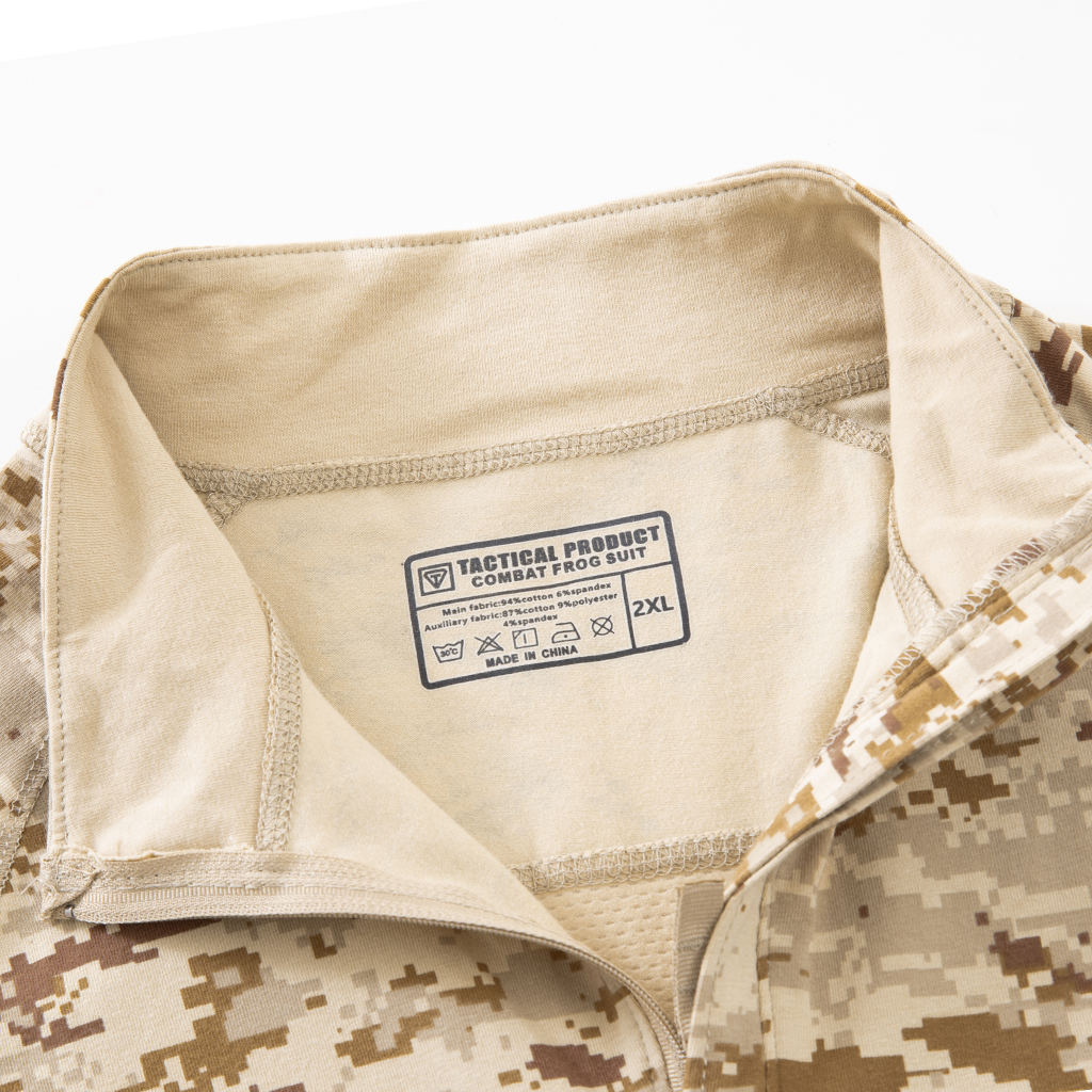 Close-up of the quarter-zip stand-up collar and brand tag on the custom digital desert G4 short sleeve combat shirt.