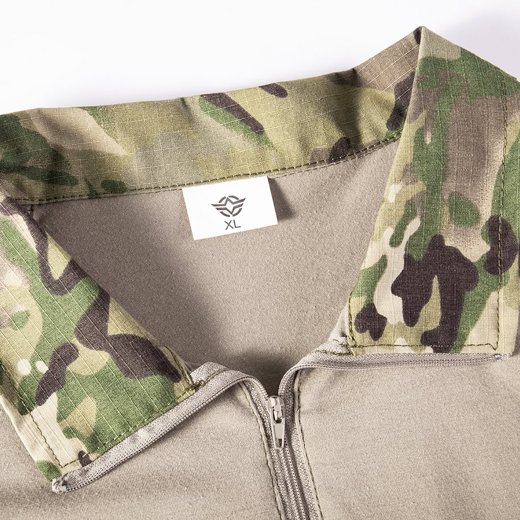 Close-up of the quarter-zip collar on the custom CP camo long sleeve combat shirt, showing the multicam fabric.