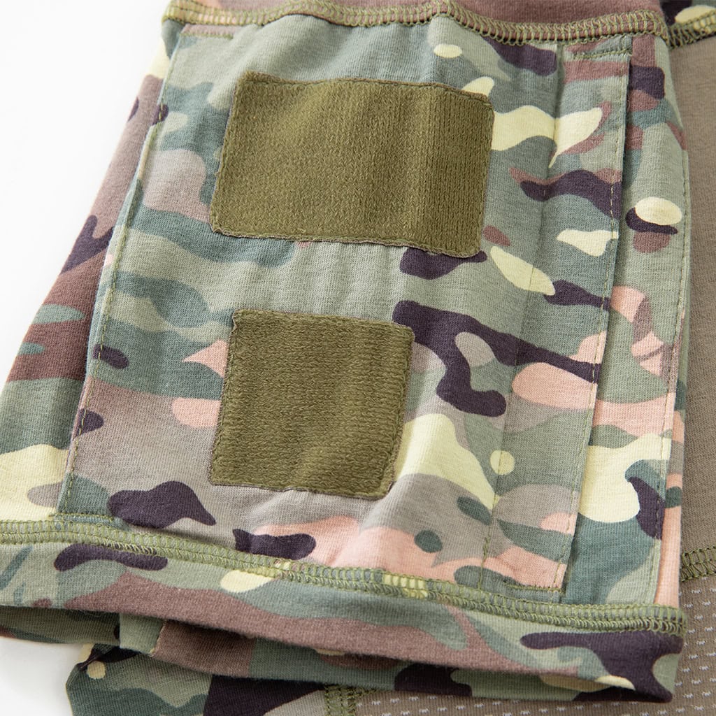 Close-up of the zippered arm pocket with velcro panels on the sleeve of the custom CP camo G4 short sleeve combat shirt.