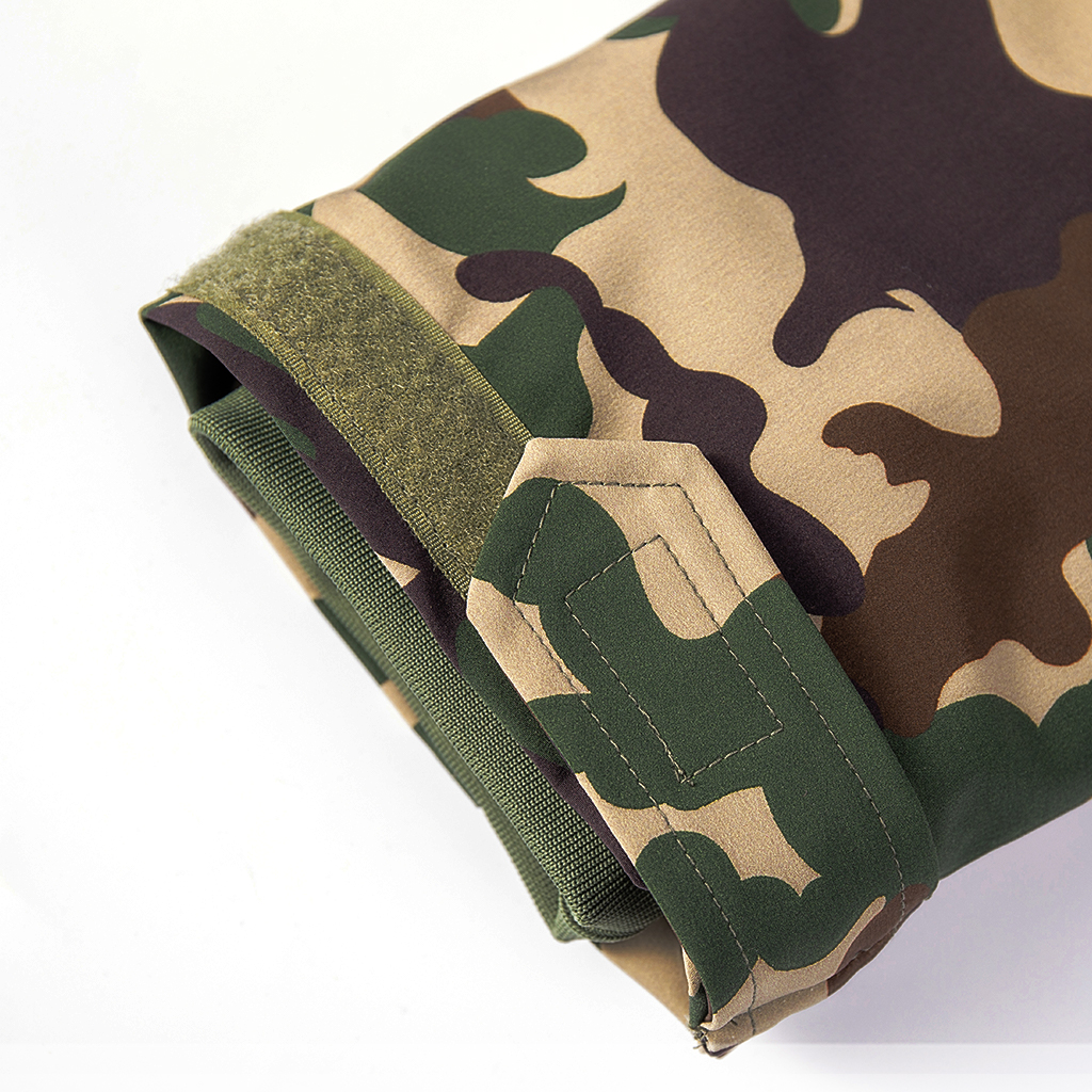 Detail of the adjustable velcro cuff on the sleeve of the custom Nepal camo parka jacket.