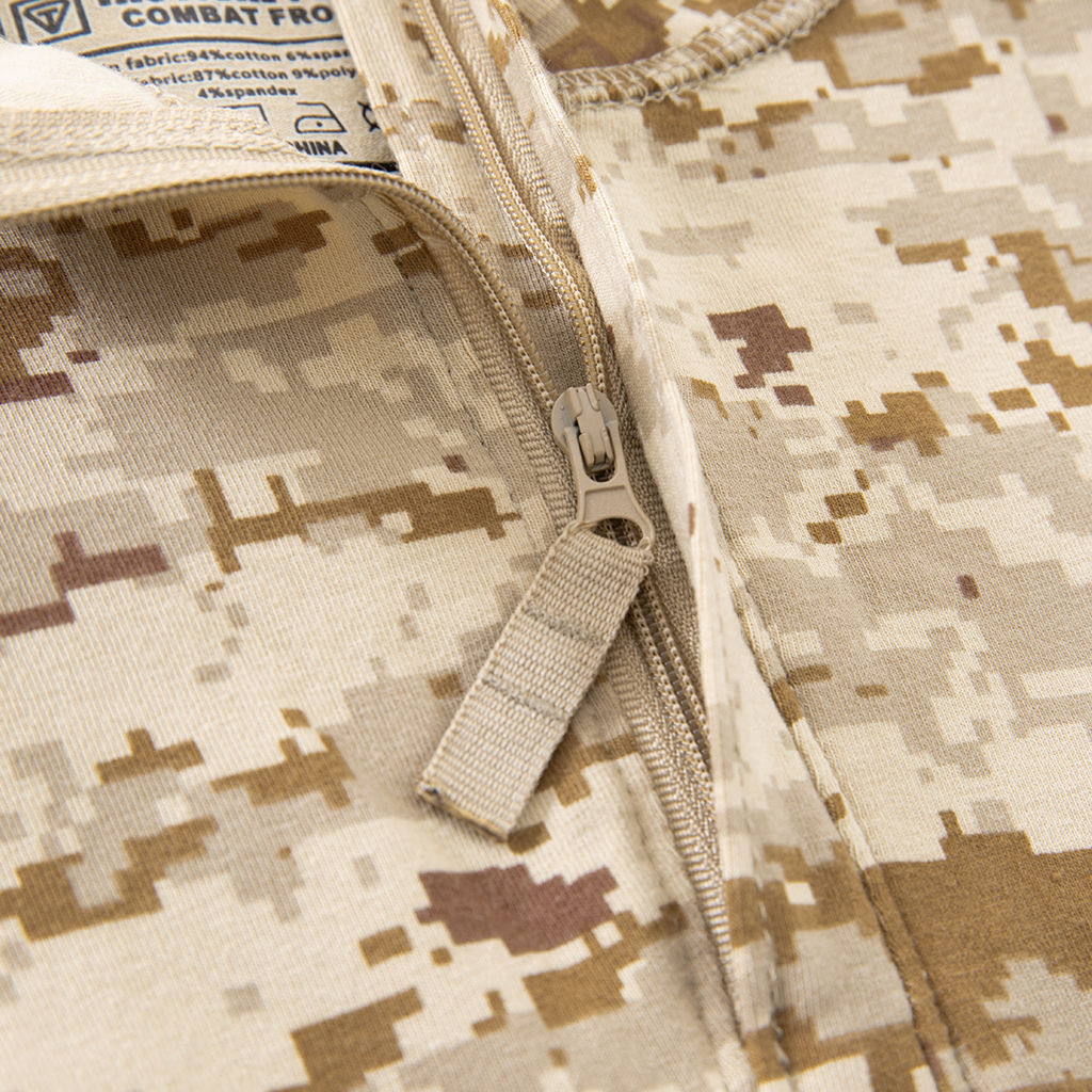 Detail of the premium zipper pull tab at the neckline of the custom digital desert G4 short sleeve combat shirt.