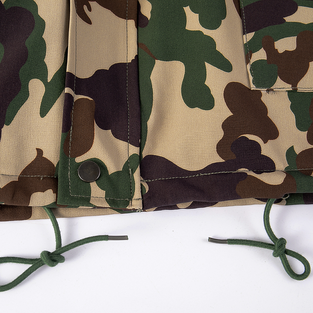Close-up of the adjustable drawstring at the hem of the custom Nepal camo parka jacket.