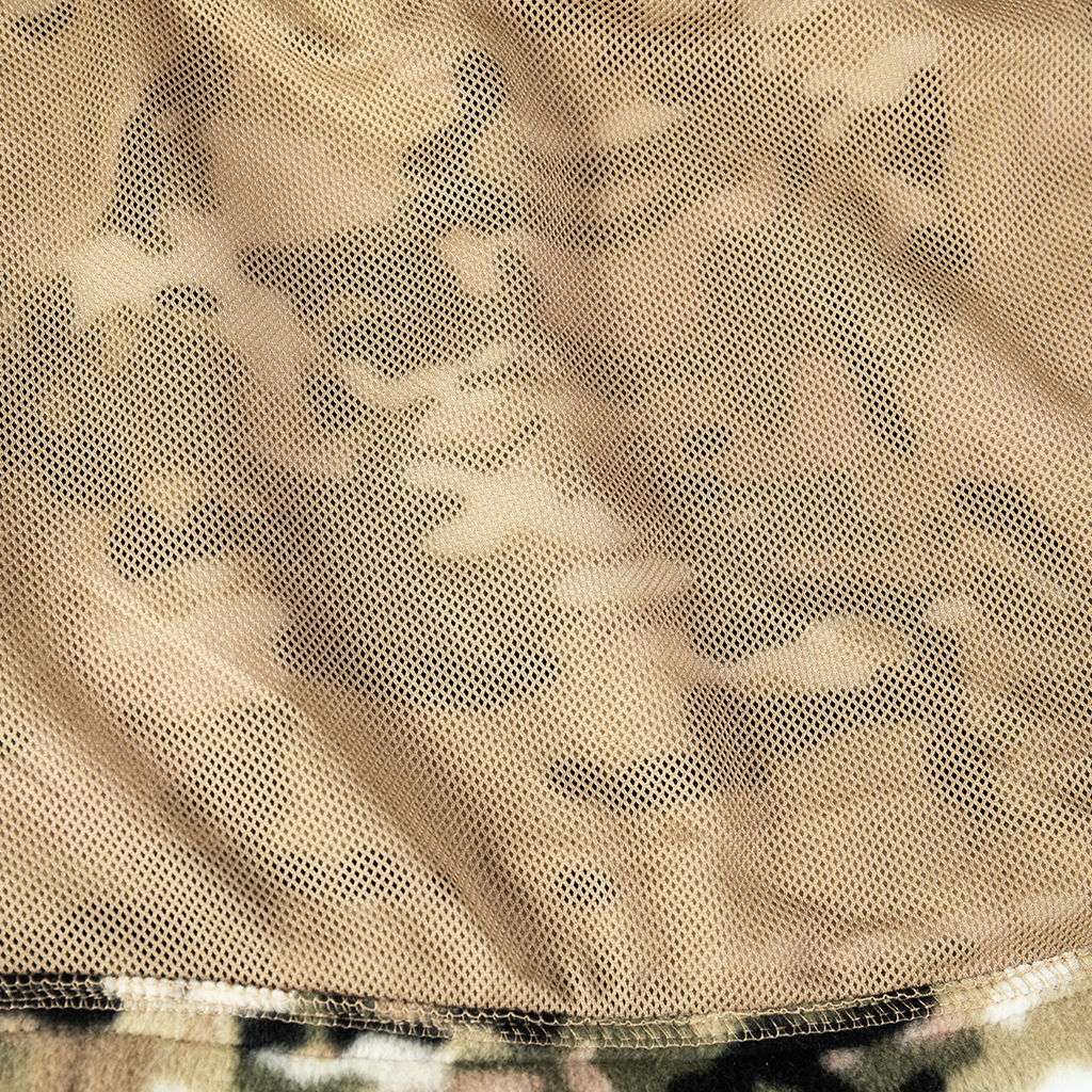 Close-up of the durable hem with adjustable drawstring on the custom CP camo fleece tactical jacket.