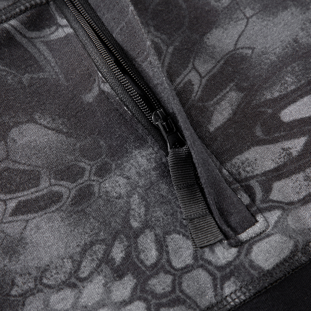 Detail of the premium zipper at the neckline of the custom black python G4 combat shirt.