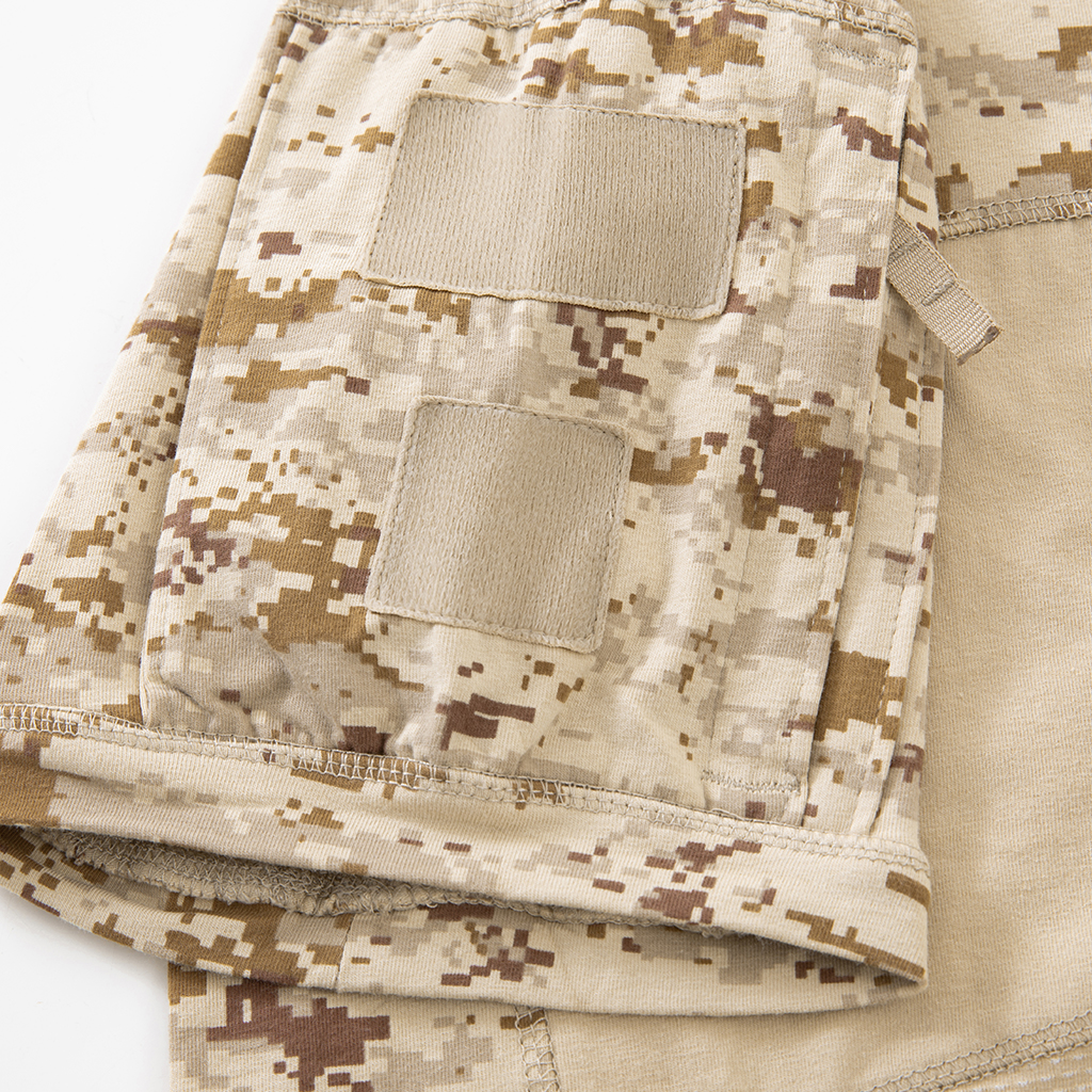 Close-up of the zippered arm pocket with velcro panels on the sleeve of the custom digital desert G4 short sleeve combat shirt.