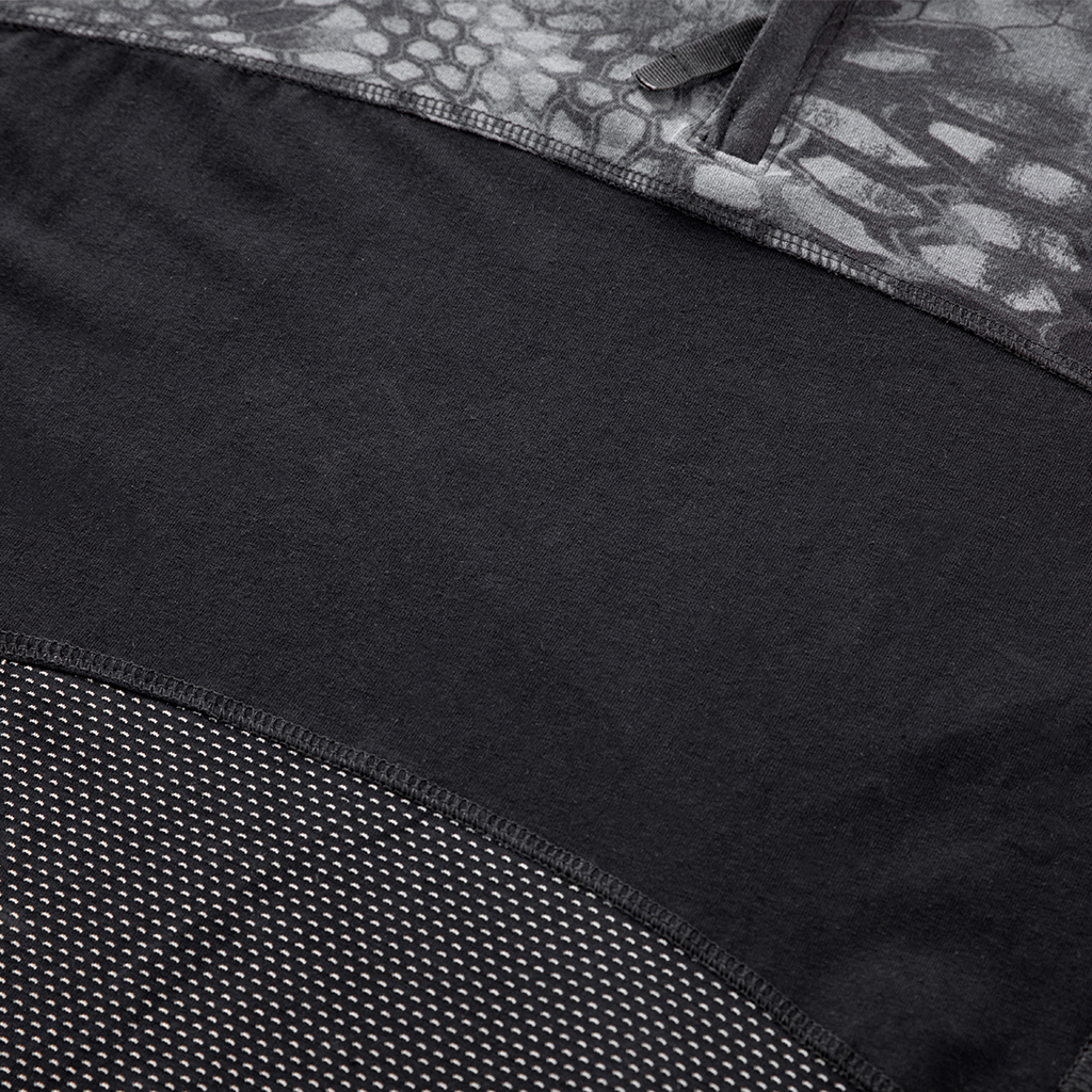 Close-up of the highly breathable mesh fabric on the lower torso of the custom black python G4 combat shirt.