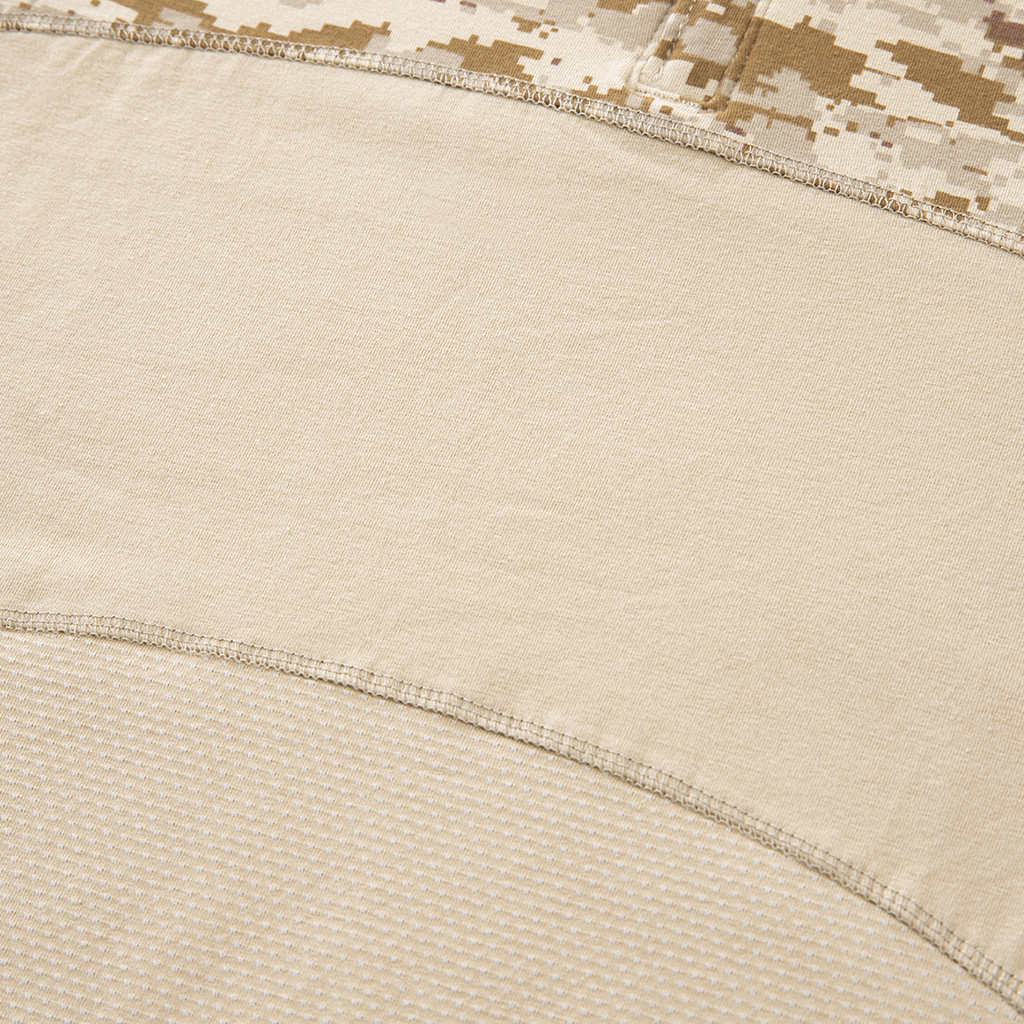 Close-up of the highly breathable mesh fabric on the lower torso of the custom digital desert G4 short sleeve combat shirt.