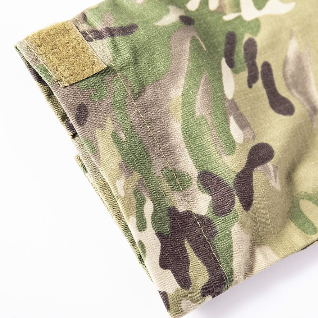 Close-up of the adjustable velcro cuff on the sleeve of the custom CP camo long sleeve combat shirt.