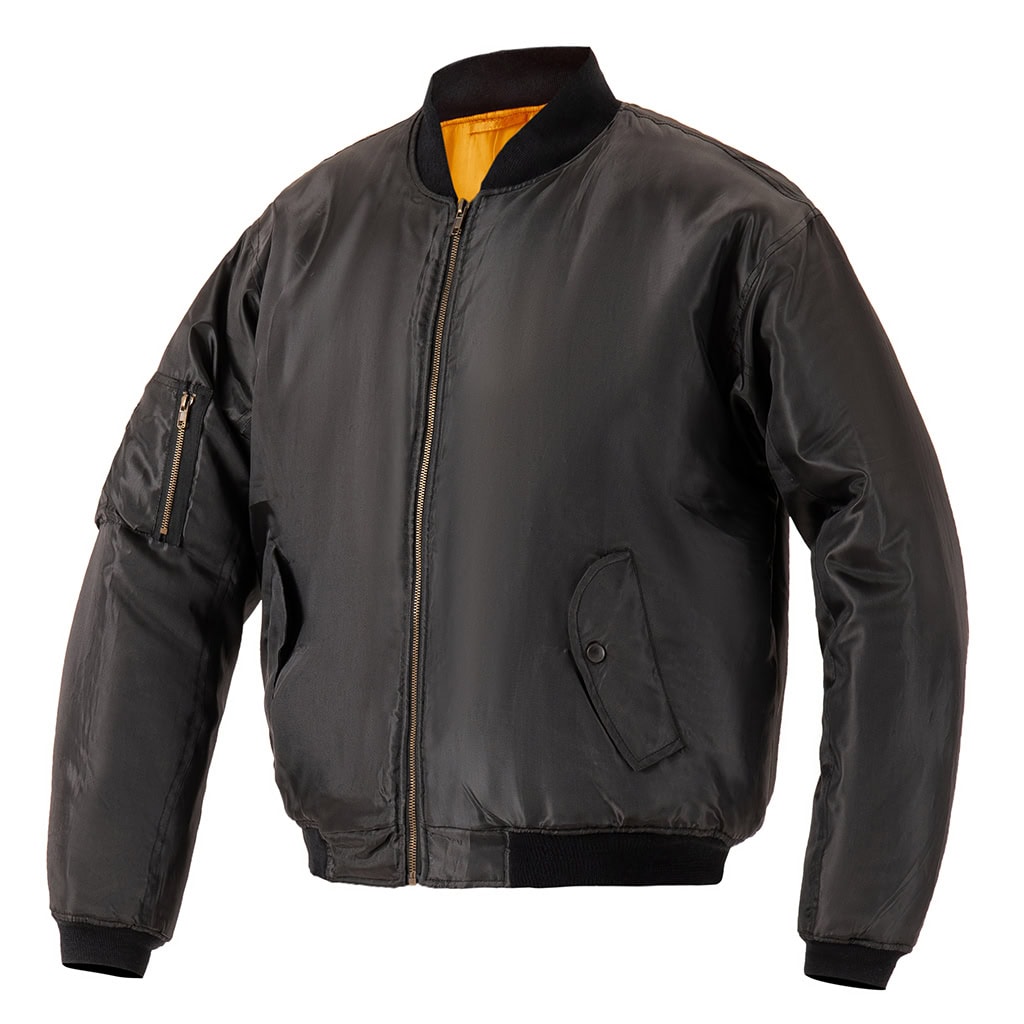 Angled profile view of the full custom black MA-1 flight jacket, showing its classic bomber silhouette.