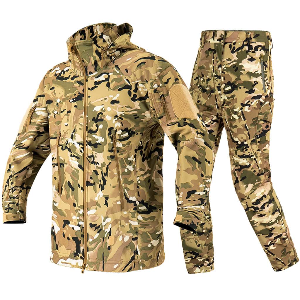Angled profile view of the full custom CP camo softshell tactical uniform set.