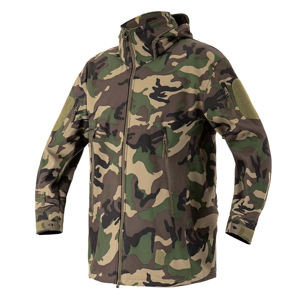 Angled profile view of the full custom woodland camo softshell tactical jacket.
