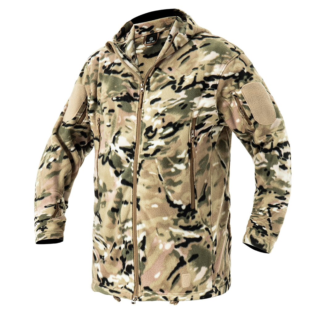 Angled profile view of the full custom CP camo fleece tactical jacket.