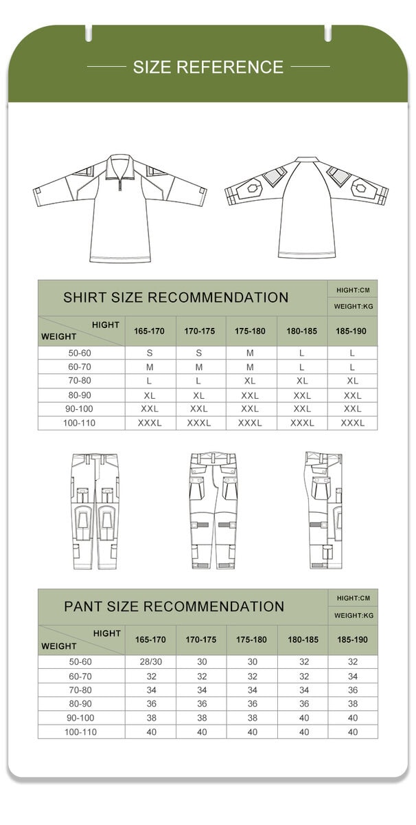 Full size recommendation chart with measurements for the custom CP camo long sleeve combat shirt and matching pants.