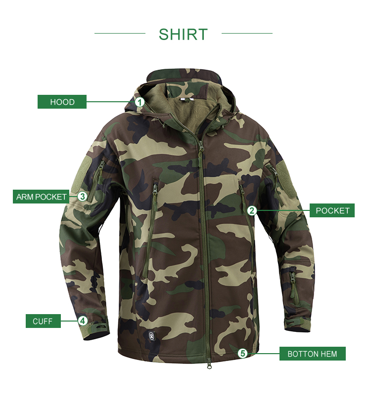 Infographic detailing the features of the custom woodland camo softshell jacket: hood, arm pocket, pocket, cuff, and bottom hem.