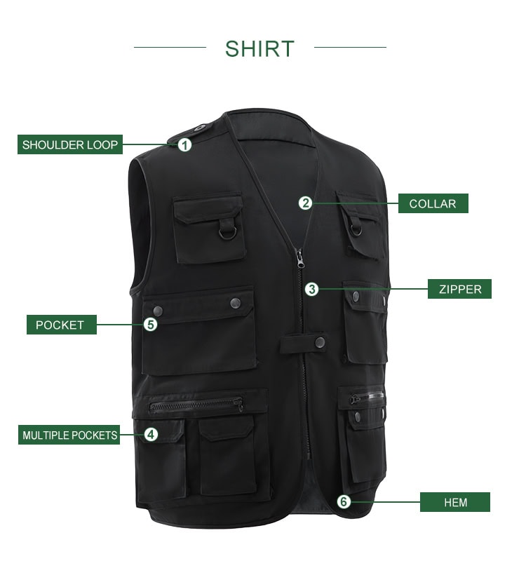 Infographic detailing the features of the custom black multi-pocket tactical vest: shoulder loop, collar, zipper, and various pockets.