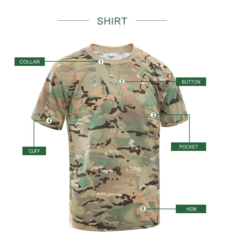 Infographic detailing the features of the custom CP camo quick-dry t-shirt: collar, button, pocket, cuff, and hem.