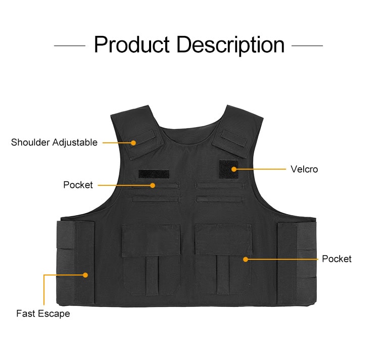 Infographic detailing the features of the custom black concealable body armor vest carrier: adjustable shoulders, pockets, and velcro.