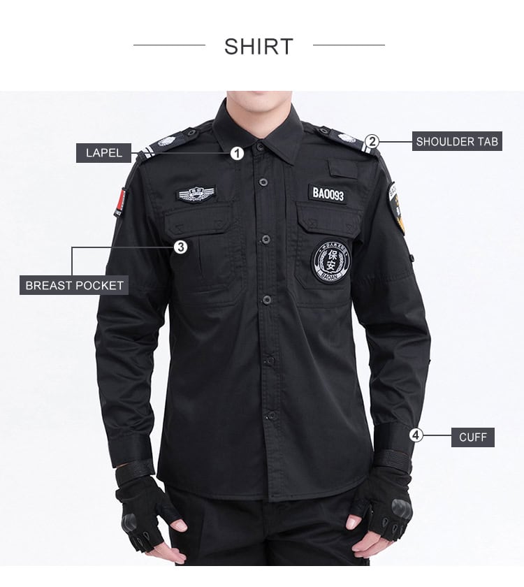 Infographic detailing the features of the custom black long sleeve security guard shirt: lapel, shoulder tab, breast pocket, and cuff.