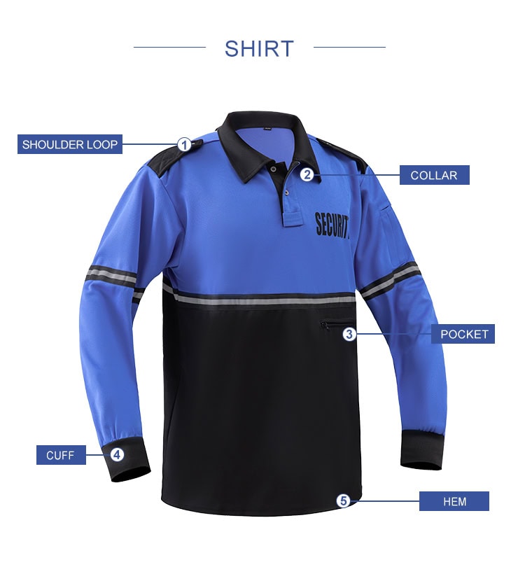 Infographic detailing the features of the custom long sleeve security polo shirt: shoulder loop, collar, pocket, and cuff.