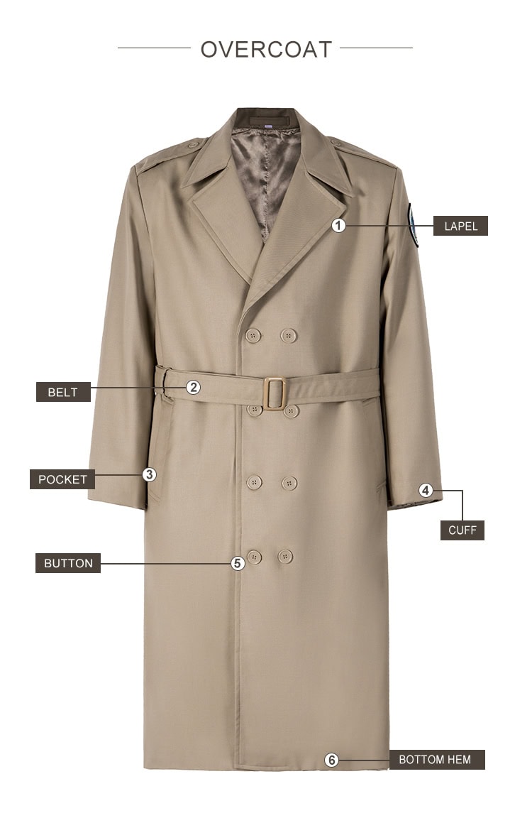Infographic detailing the features of the custom khaki military officer trench coat: lapel, belt, pocket, button, cuff, and hem.