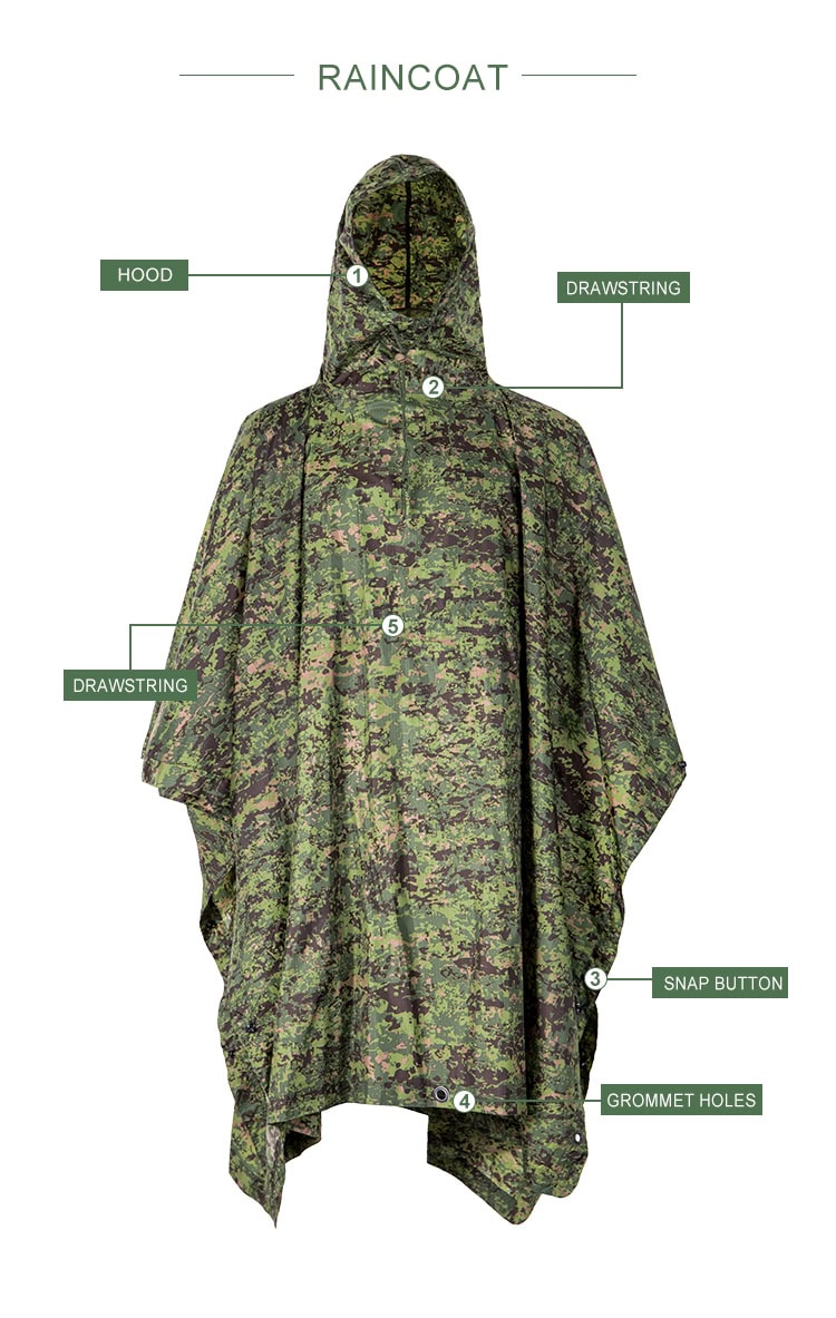 Infographic detailing the features of the custom Philippine jungle camo military poncho: hood, drawstring, snap button, and grommet holes.