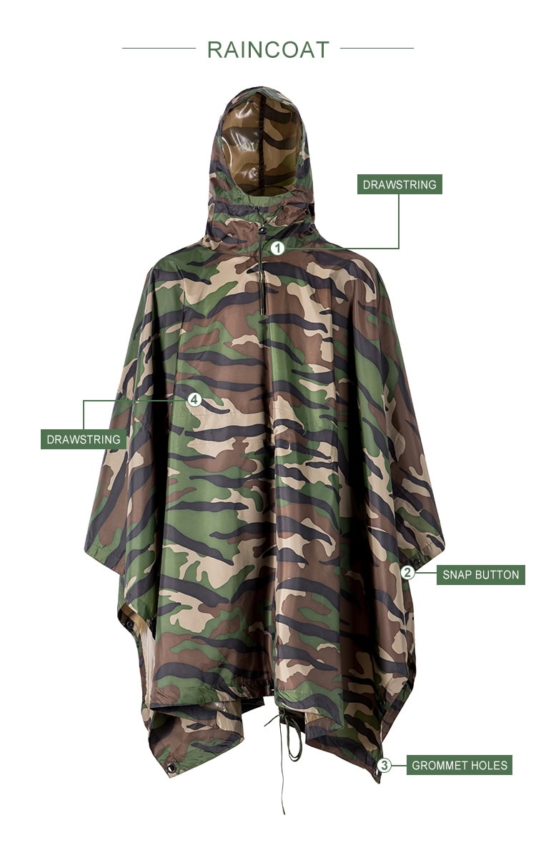 Infographic detailing the features of the custom Nepal camo military rain poncho: hood, drawstring, snap button, and grommet holes.