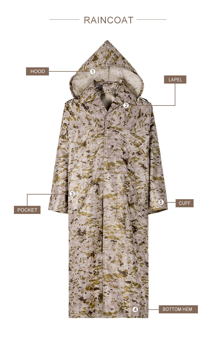 Infographic detailing the features of the custom digital desert military raincoat: hood, lapel, pocket, cuff, and bottom hem.