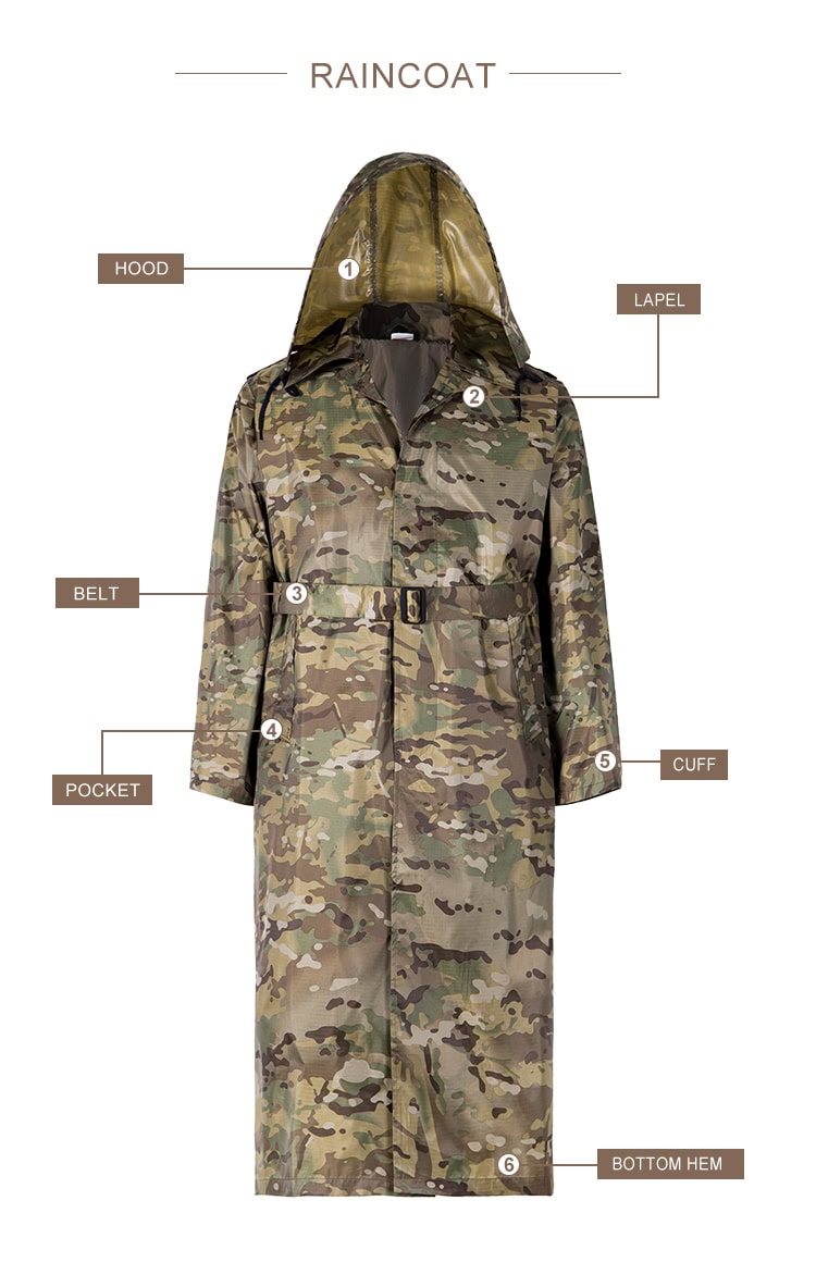 Infographic detailing the features of the custom CP camo waterproof long raincoat: hood, lapel, belt, pocket, cuff, and bottom hem.